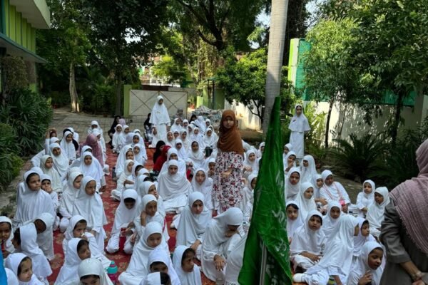 Students gathered at the flagpole for flag hoisting at DAPS Raebareli