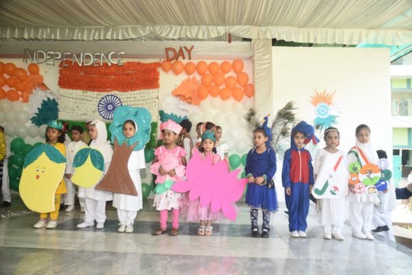Young students in costume on stage for the Independence Day programme at DAPS Raebareli